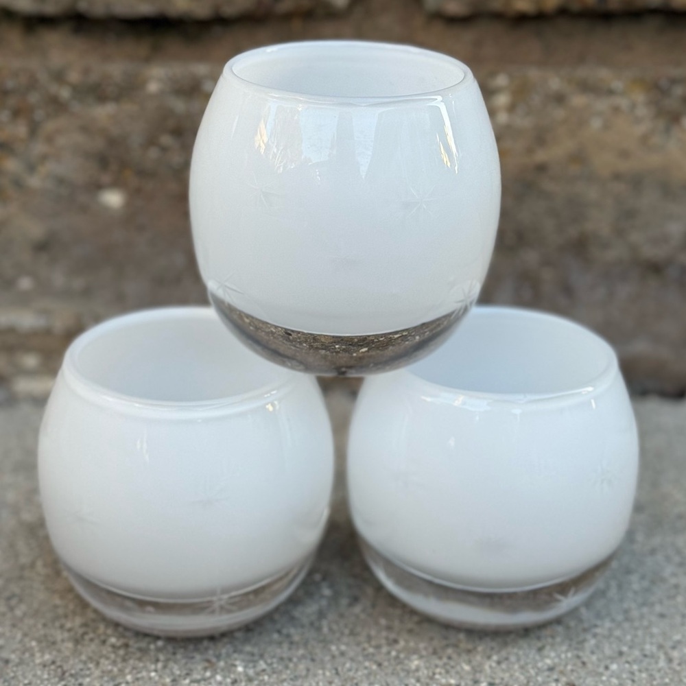 Vintage Crate & Barrel White Glass Etched Starburst Large 3.75” Candle Holders